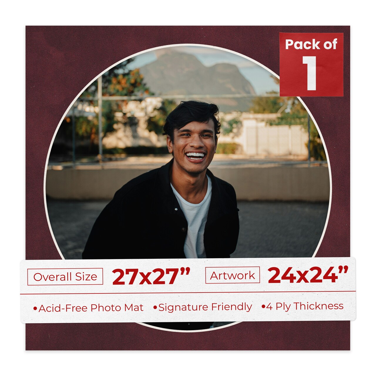 Dark Red Suede Mat Board for 27x27 Frames - Circle Opening for 24x24 Photos